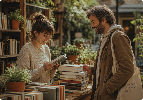 man and woman sharing books